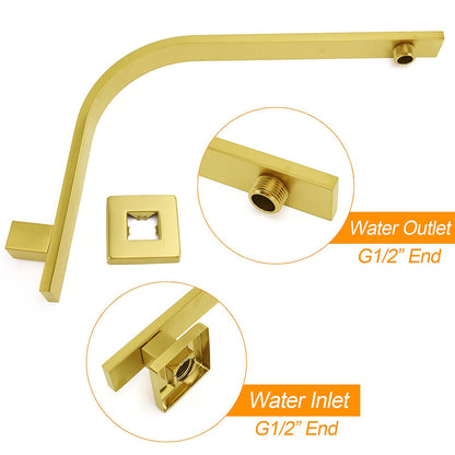 WELS Brushed Gold Square 8" Slim Rain Shower Head Brass Wall Gooseneck Arm Set