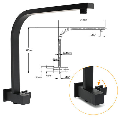 WELS Matt Black 8" Shower Head 3 Modes Handheld Gooseneck Arm Square 2in1 Set Mixer