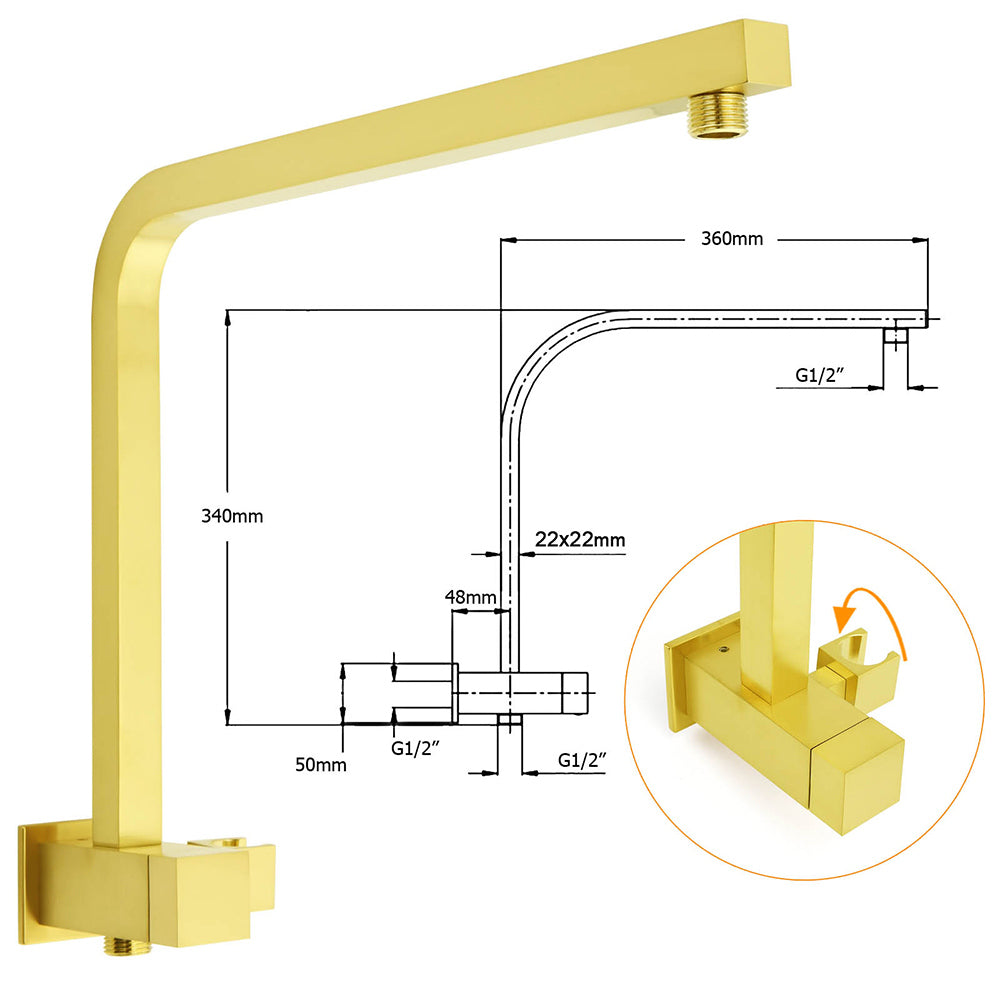 Brushed Gold Twin Shower 12" Rainfall Head Handheld Diverter Wall Arm Set Square