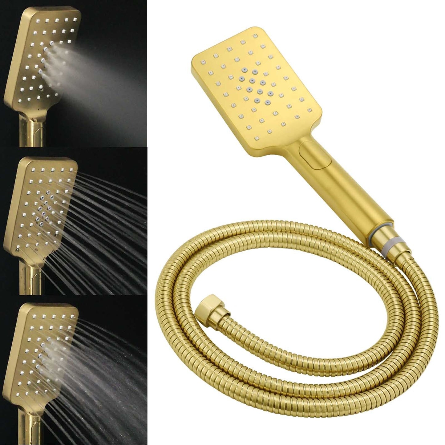 WELS Brushed Gold Twin Shower 12" Rain Head Handheld Diverter Wall Arm Set Square Taps