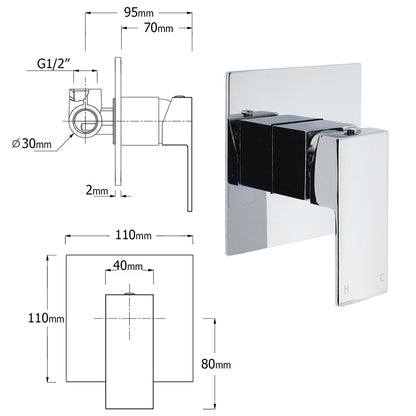 WELS Square Chrome 12" Shower Head 3 Mode Handheld Diverter Wall Arm 2in1 Set + Mixer