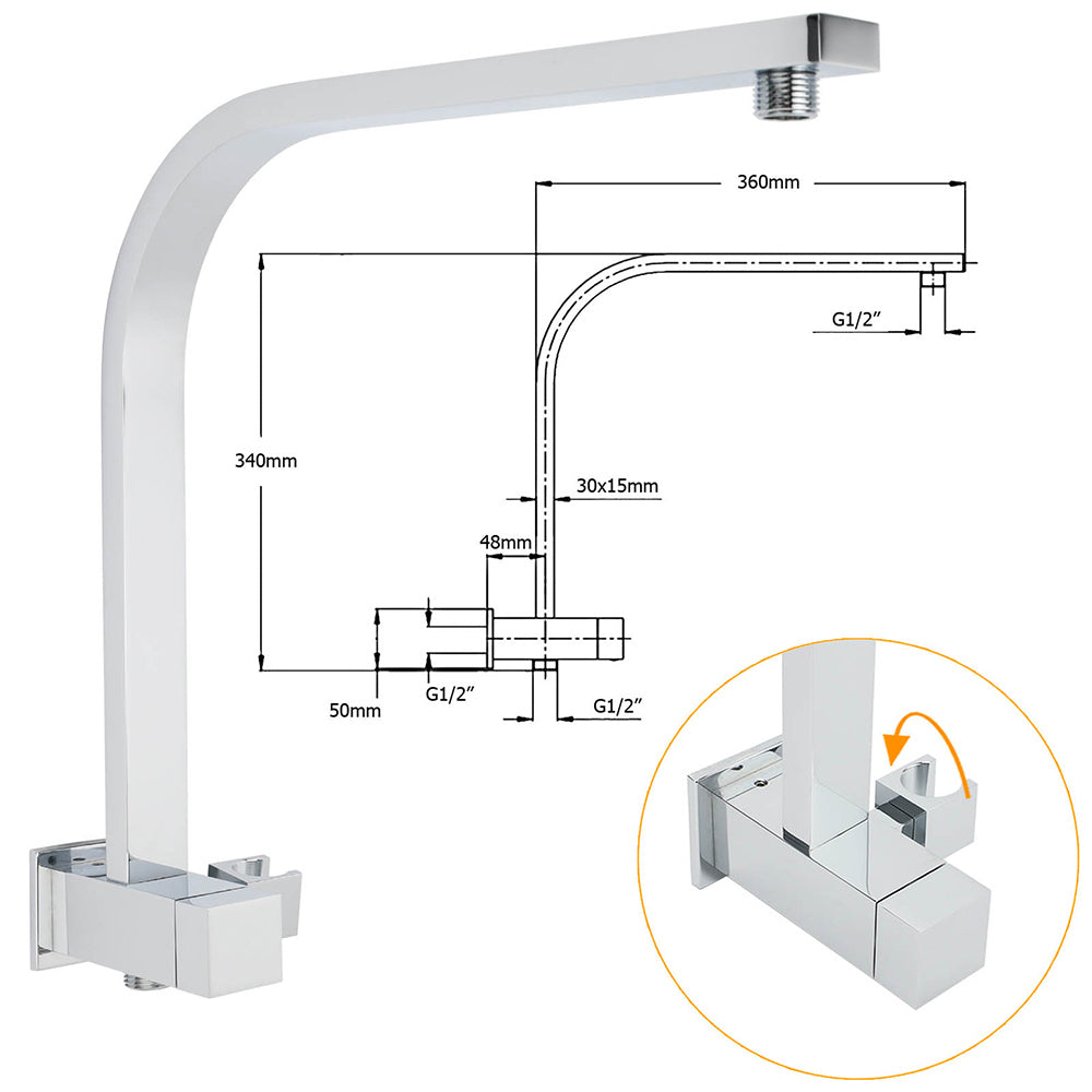 WELS Square Chrome 12" Shower Head 3 Mode Handheld Diverter Wall Arm 2in1 Set + Mixer