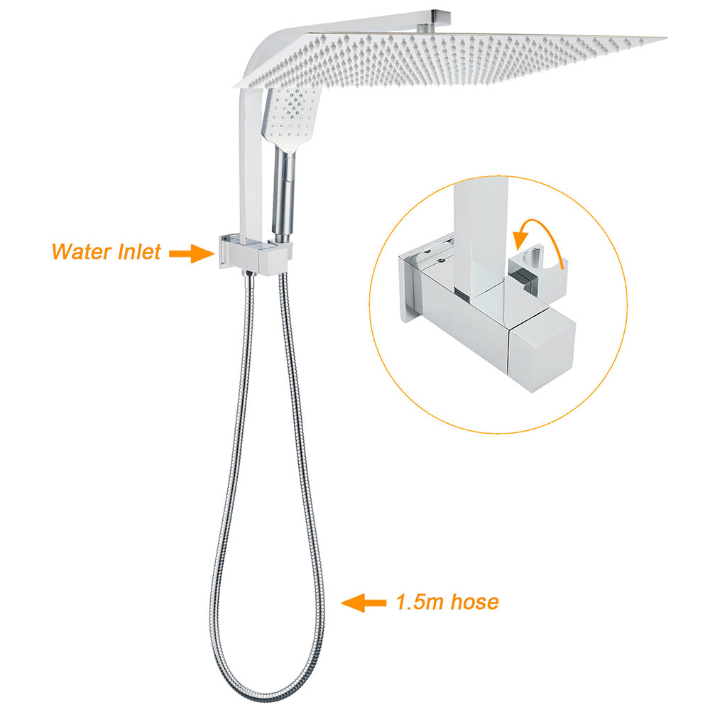 WELS Square Twin Shower Head Chrome 16" Large 3 Mode Handheld Diverter Wall Arm Set