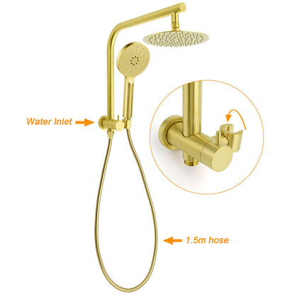 WELS Brushed Gold Round Dual Shower Head Set Simple Hold Handheld Gooseneck Arm Twin Taps
