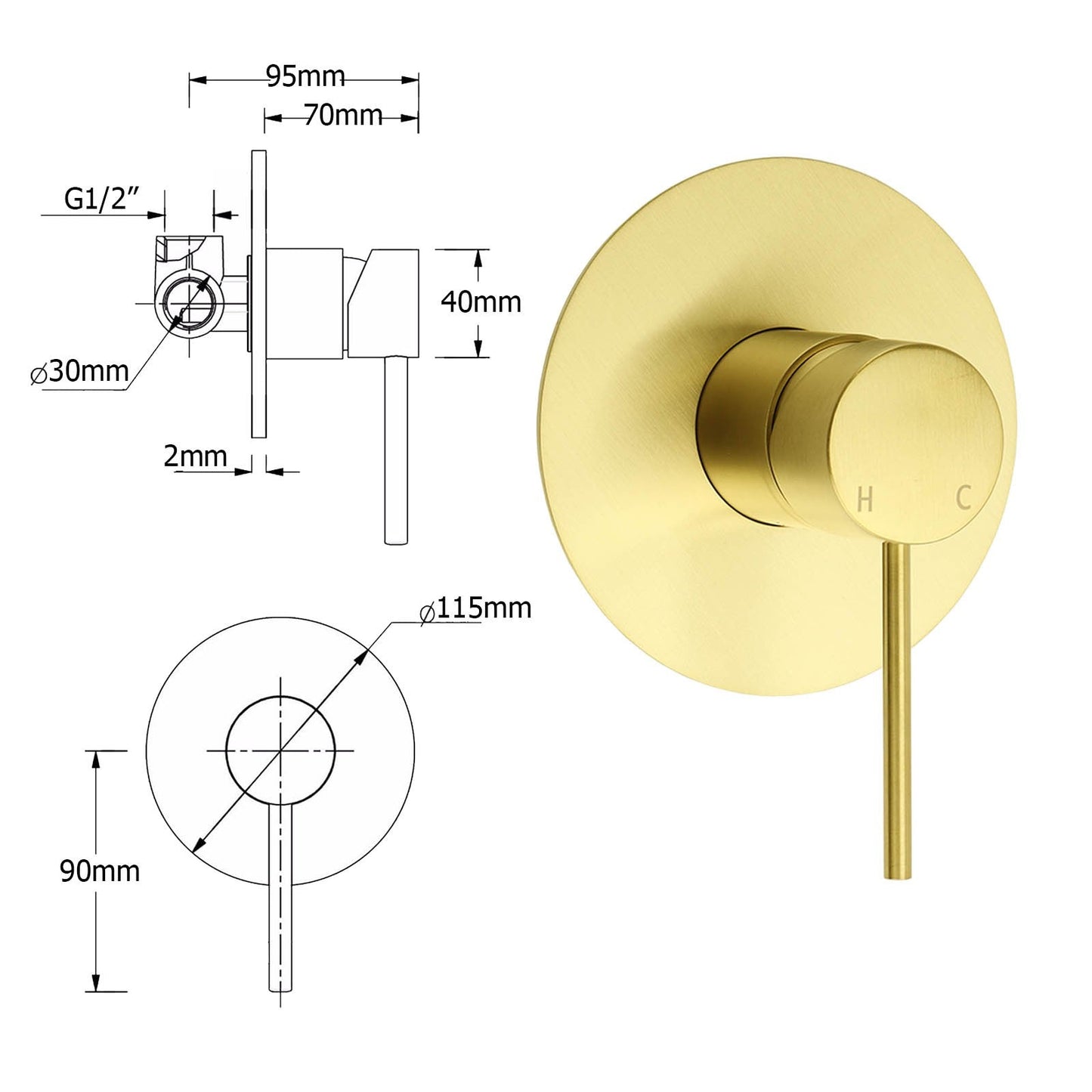 Brushed Gold Round Large 12" Rain Shower Head 3 Mode Handheld Wall Arm Mixer Set