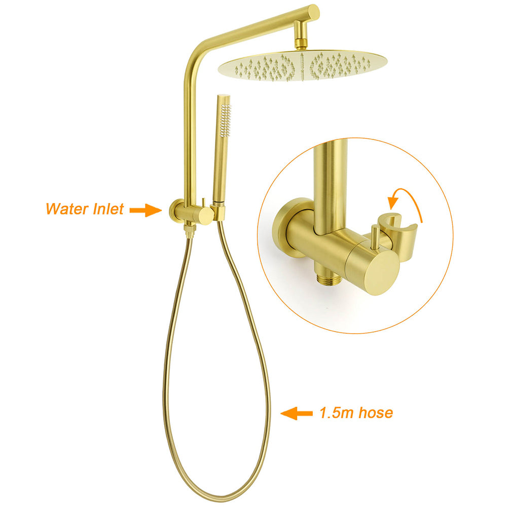 WELS Brushed Gold Round 12" Rain Shower Head Stainless Steel Handheld Diverter Wall Arm Set