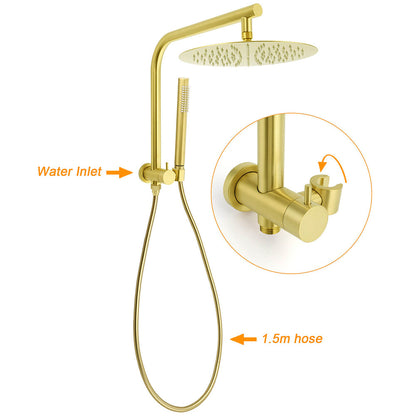 WELS Brushed Gold Round 12" Rain Shower Head Stainless Steel Handheld Diverter Wall Arm Set