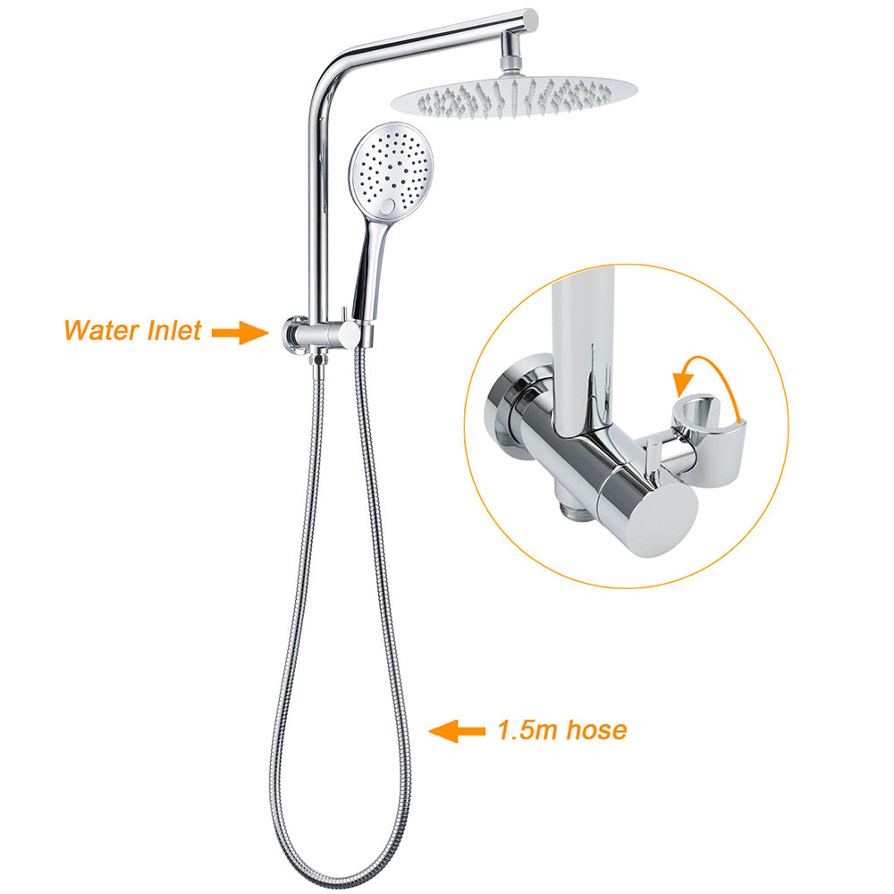 Round Chrome 10" 2in1 Shower Head 3 Mode Handheld Gooseneck Wall Arm Diverter