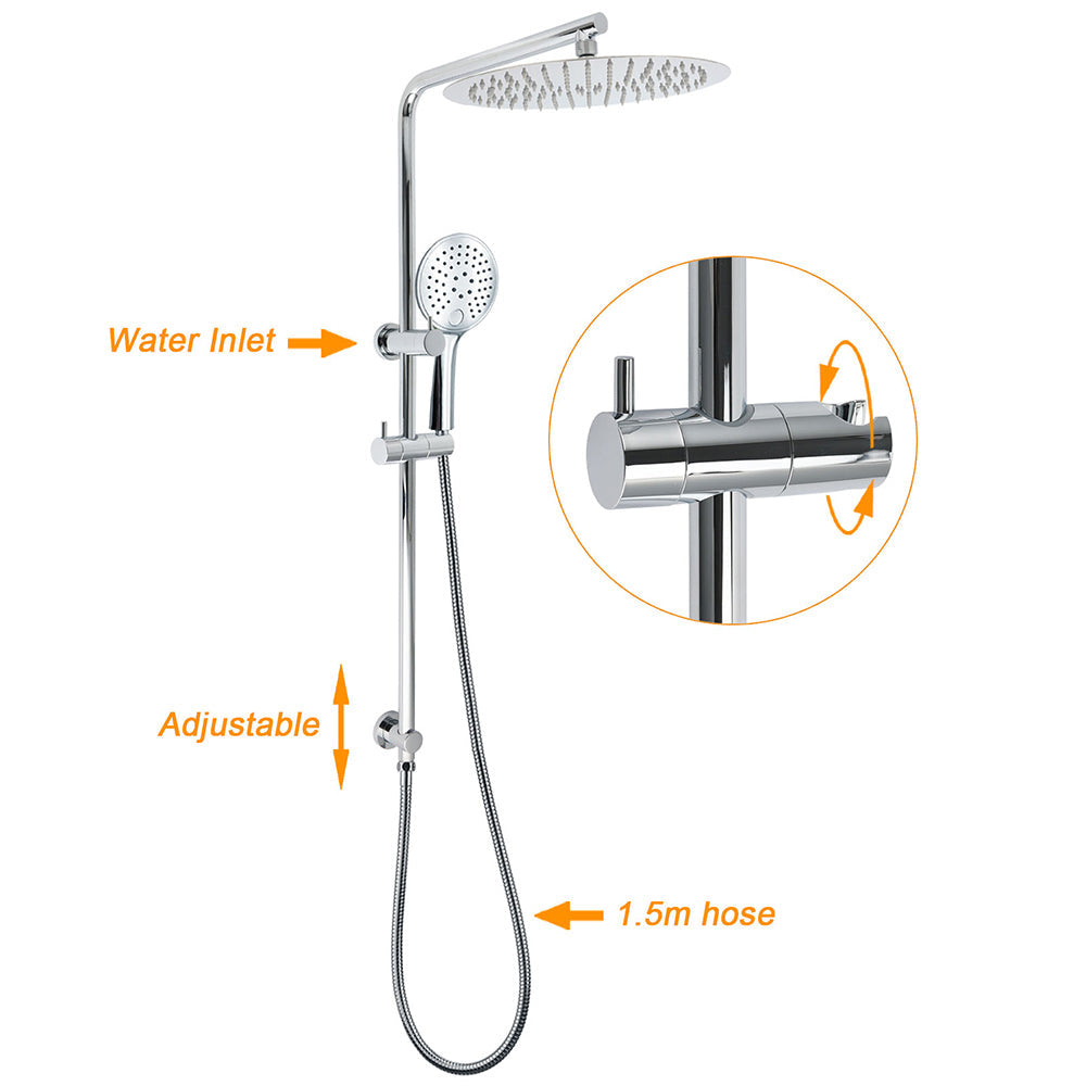 WELS Double Round Shower Head Handheld Sliding Rail Arm Chrome 12" Rainfall Twin Taps Set
