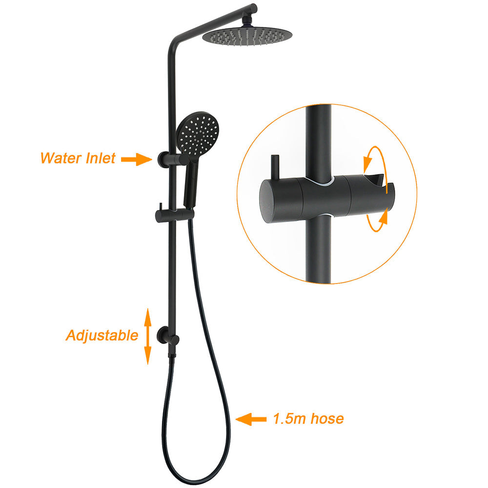 WELS Matt Black Round 2in1 8" Shower Head Sliding Rail Arm 3 Modes Handheld Twin Taps