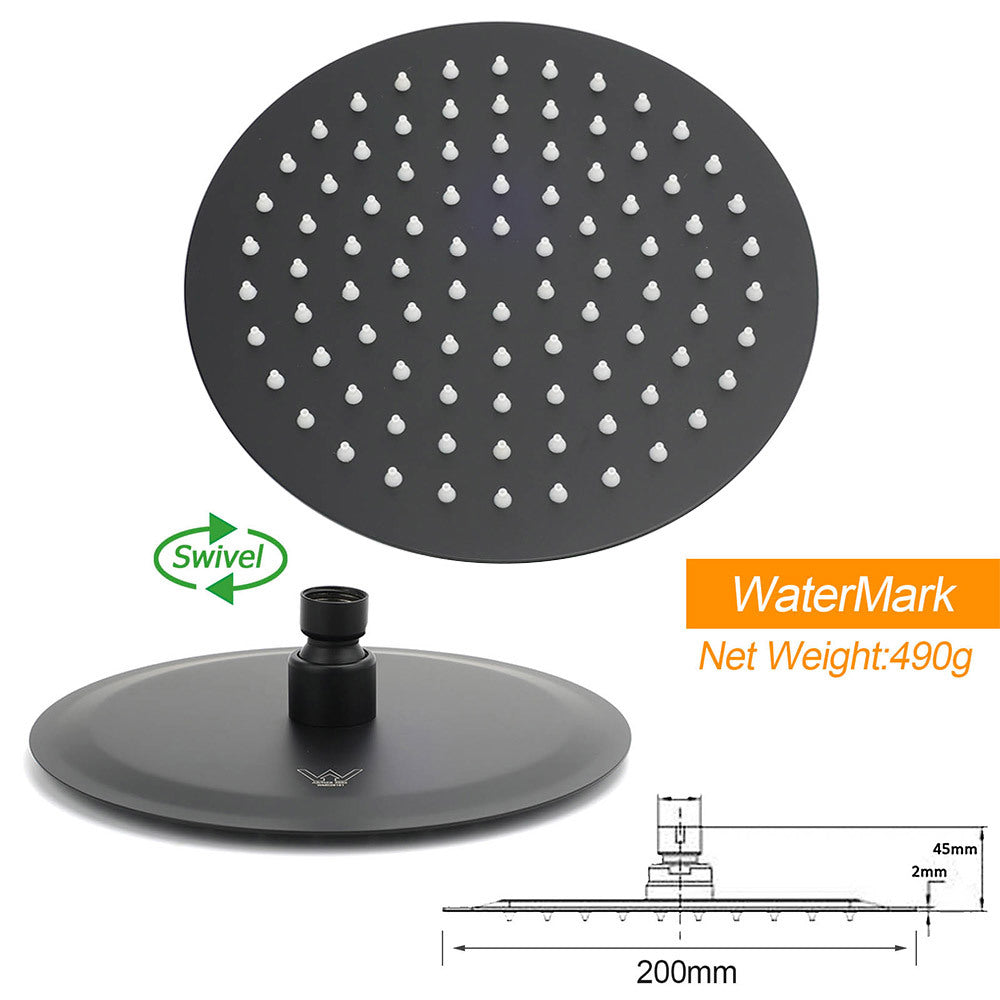 WELS Matt Black Round 2in1 8" Shower Head Sliding Rail Arm 3 Modes Handheld Twin Taps