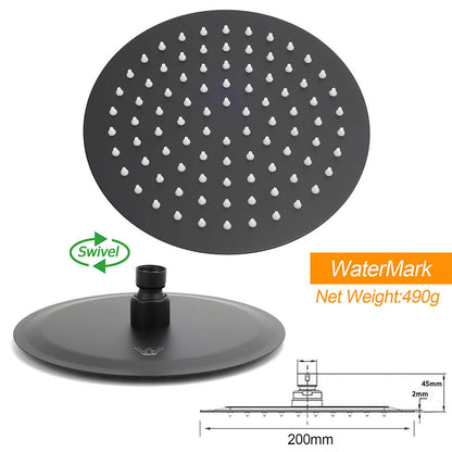 WELS Matt Black Round 2in1 8" Shower Head Sliding Rail Arm 3 Modes Handheld Twin Taps
