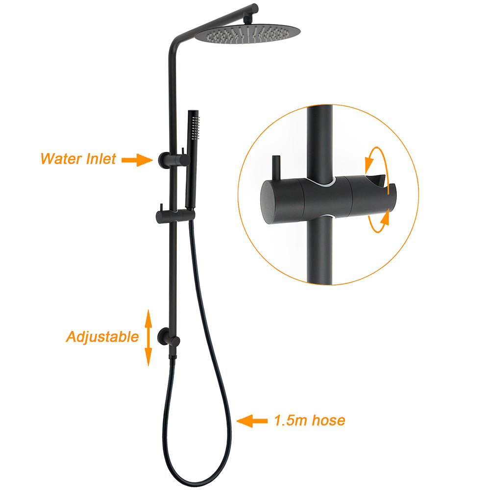 Matt Black Round 10" Rain Shower Head Brass Handheld Slide Rail Riser Arm Mixer Set