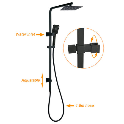 WELS Matt Black 8" Rainfall Shower Head 3 Modes Handheld Wall Rail Arm 2in1 Mixer Set