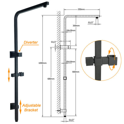 WELS Matt Black 8" Rainfall Shower Head 3 Modes Handheld Wall Rail Arm 2in1 Mixer Set