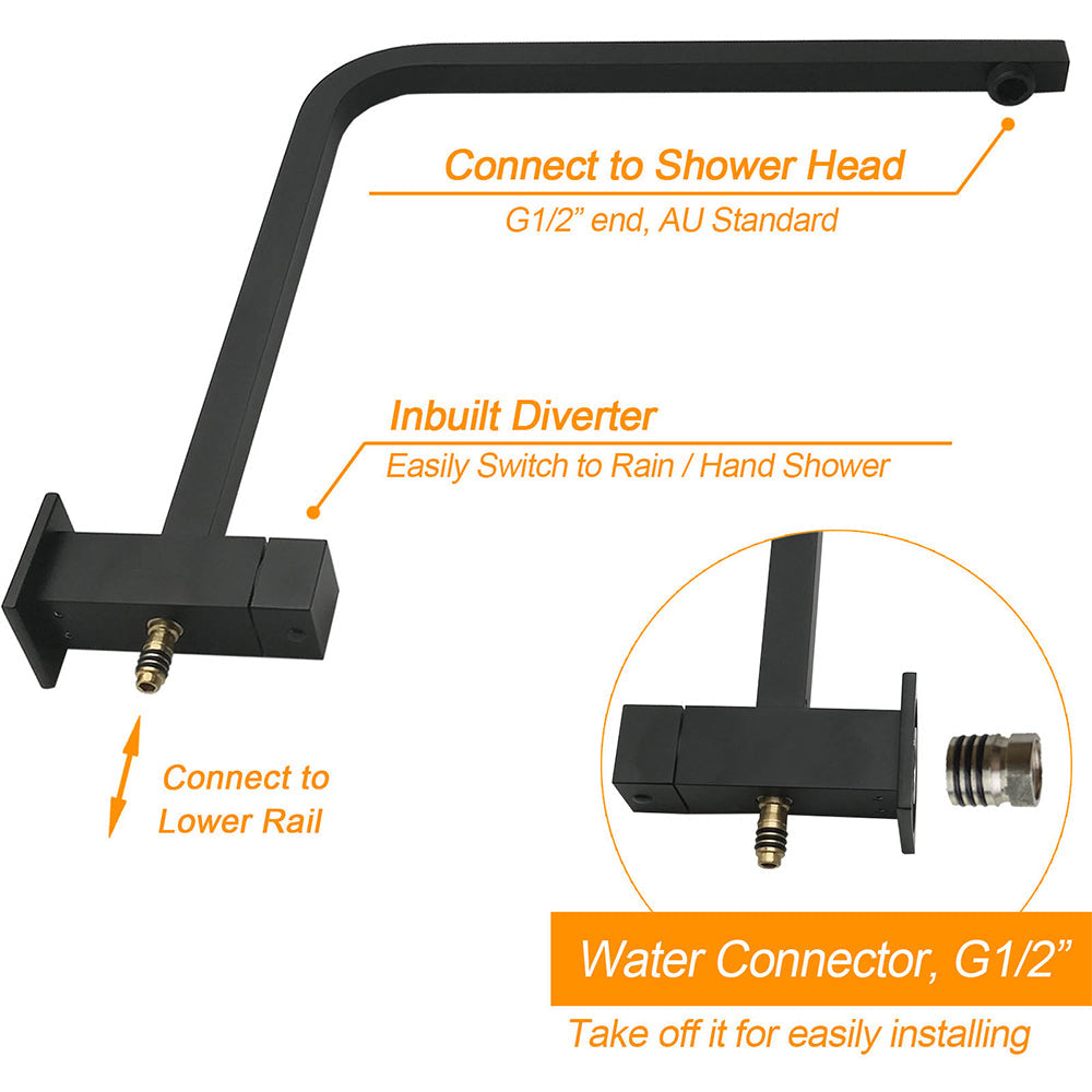 WELS Matt Black 8" Rainfall Shower Head 3 Modes Handheld Wall Rail Arm 2in1 Mixer Set