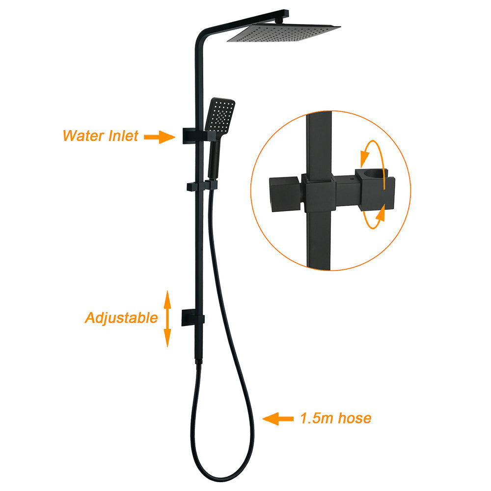 Matt Black Dual Shower Square 10" Rain Head 3 Modes Handheld Brass Silde Rail Twin Taps