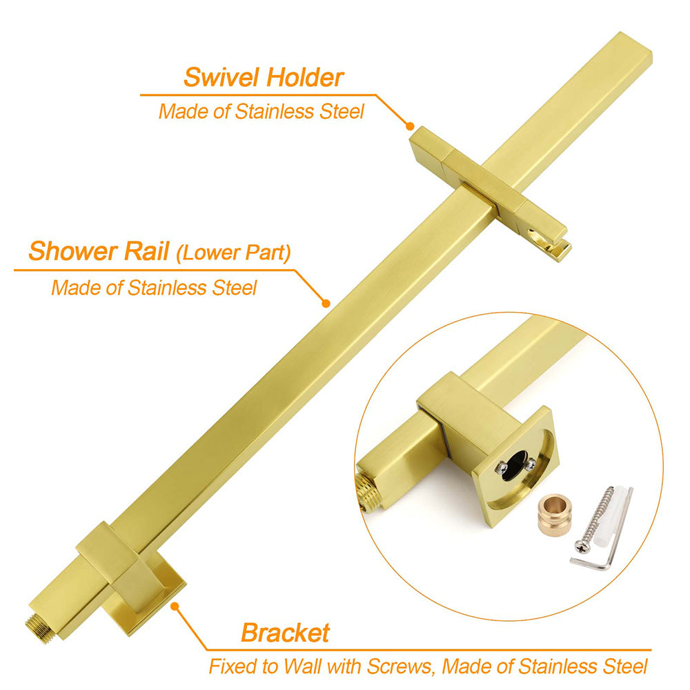 WELS Brushed Gold 2in1 Set 8" Square Rain Shower Head 3 Modes Handheld Silde Rail Arm + Mixer
