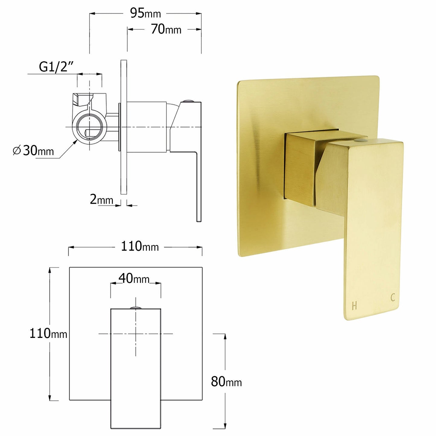 WELS Brushed Gold 2in1 Set 8" Square Rain Shower Head 3 Modes Handheld Silde Rail Arm + Mixer