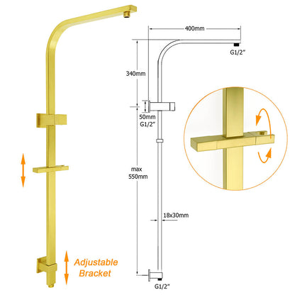 WELS Brushed Gold 2in1 Set 8" Square Rain Shower Head 3 Modes Handheld Silde Rail Arm + Mixer