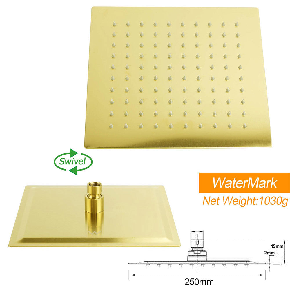 WELS Brushed Gold Square Shower 10" Thin Rain Head Handheld Silde Rail Arm 2in1 Taps Set