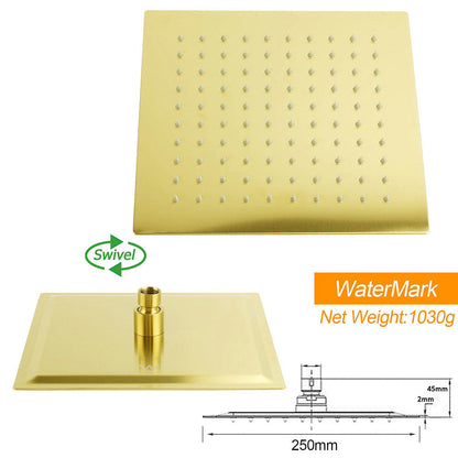 WELS Brushed Gold Square Shower 10" Thin Rain Head Handheld Silde Rail Arm 2in1 Taps Set