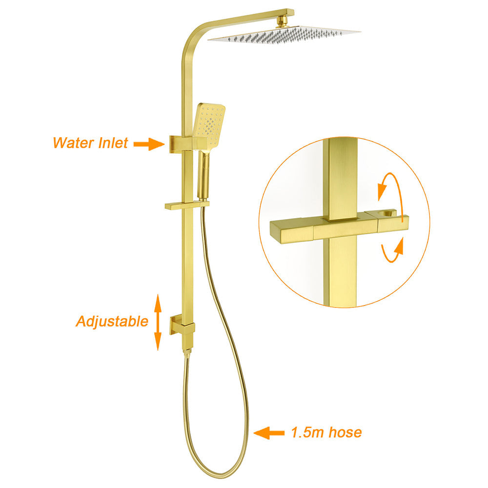 WELS Brushed Gold Square Shower 12" Large Rain Head 3 Modes Handheld Silde Rail Arm 2in1 Taps Set