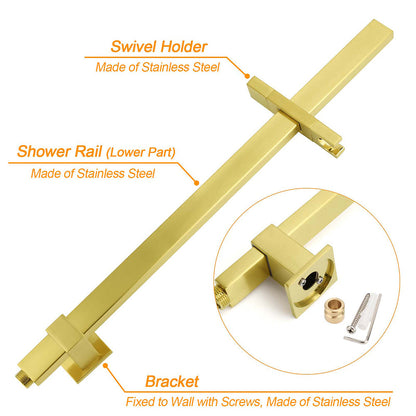 WELS Brushed Gold Square Shower 12" Large Rain Head 3 Modes Handheld Silde Rail Arm 2in1 Taps Set