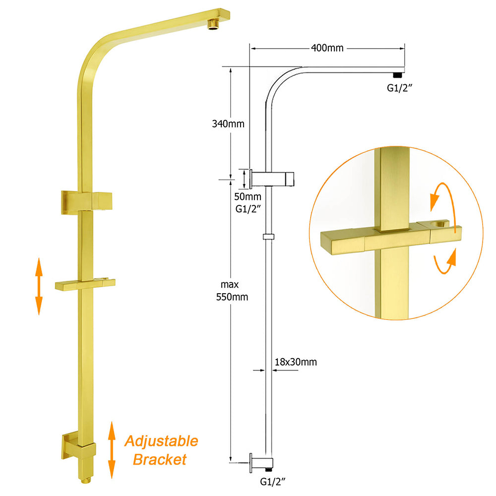 WELS Brushed Gold Square Shower 12" Large Rain Head 3 Modes Handheld Silde Rail Arm 2in1 Taps Set
