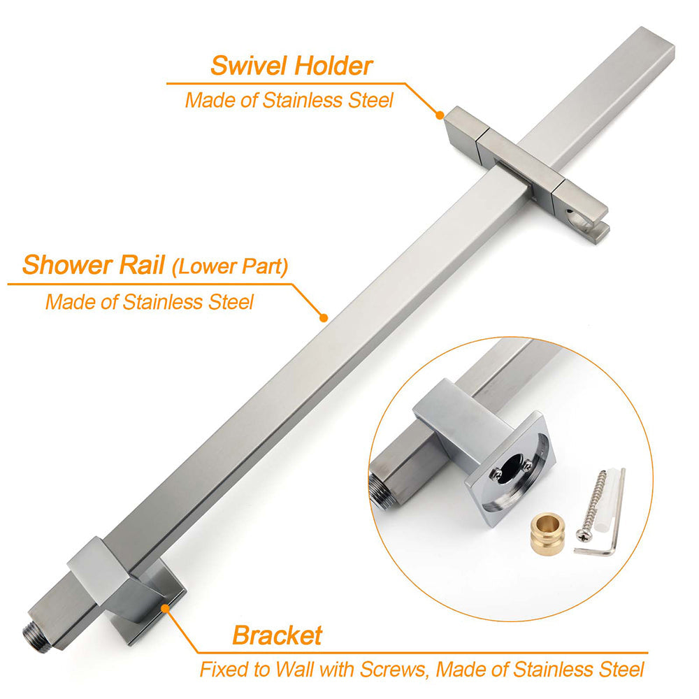 Brushed Nickel Square 2in1 Shower Set Large 12" Rain Head 3 Modes Handheld Silding Rail Arm