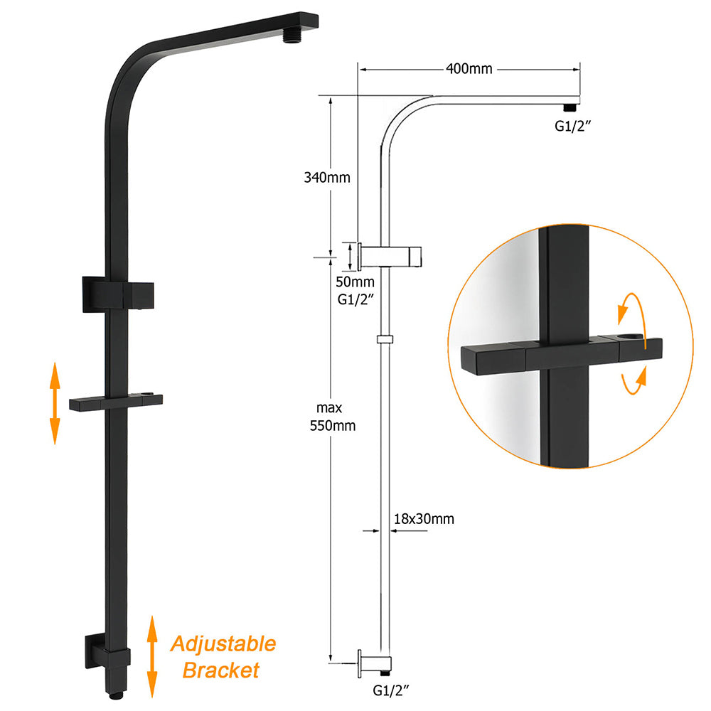 Matt Black Square 2in1 Shower 10" Rain Head 3 Modes Handheld Silde Rail Arm Set