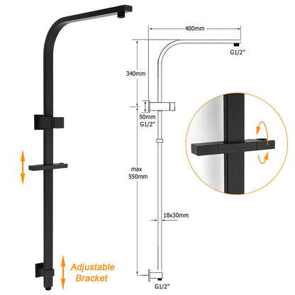 Matt Black Square 2in1 Shower 10" Rain Head 3 Modes Handheld Silde Rail Arm Set