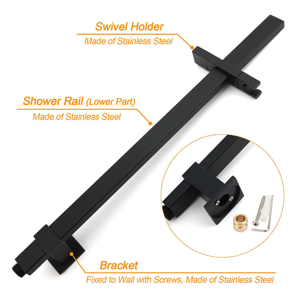 Matt Black Square 2in1 Shower 10" Rain Head 3 Modes Handheld Silde Rail Arm Set