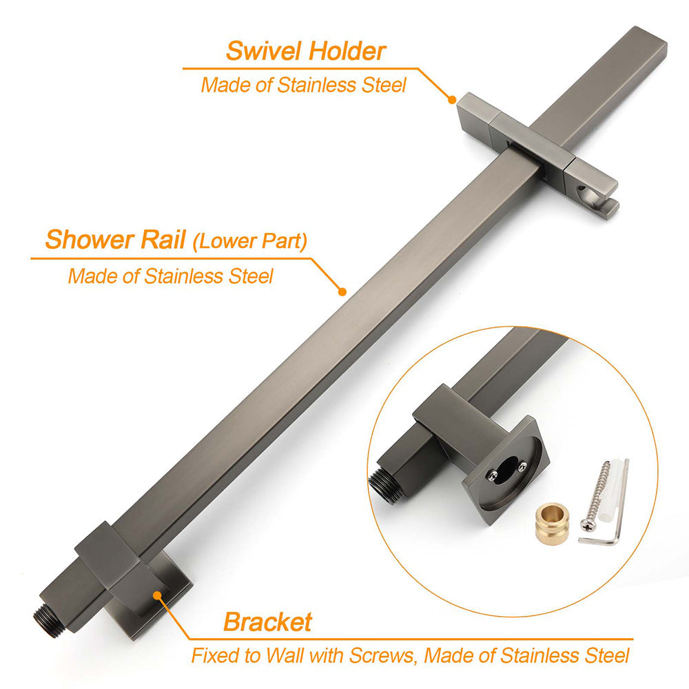 WELS Gun Metal Double Square Shower Head Set 10" Rain Handheld Sliding Rail Diverter Wall Mixer