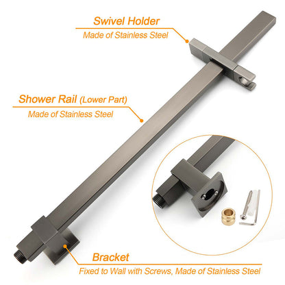 WELS Gun Metal Double Square Shower Head Set 10" Rain Handheld Sliding Rail Diverter Wall Mixer