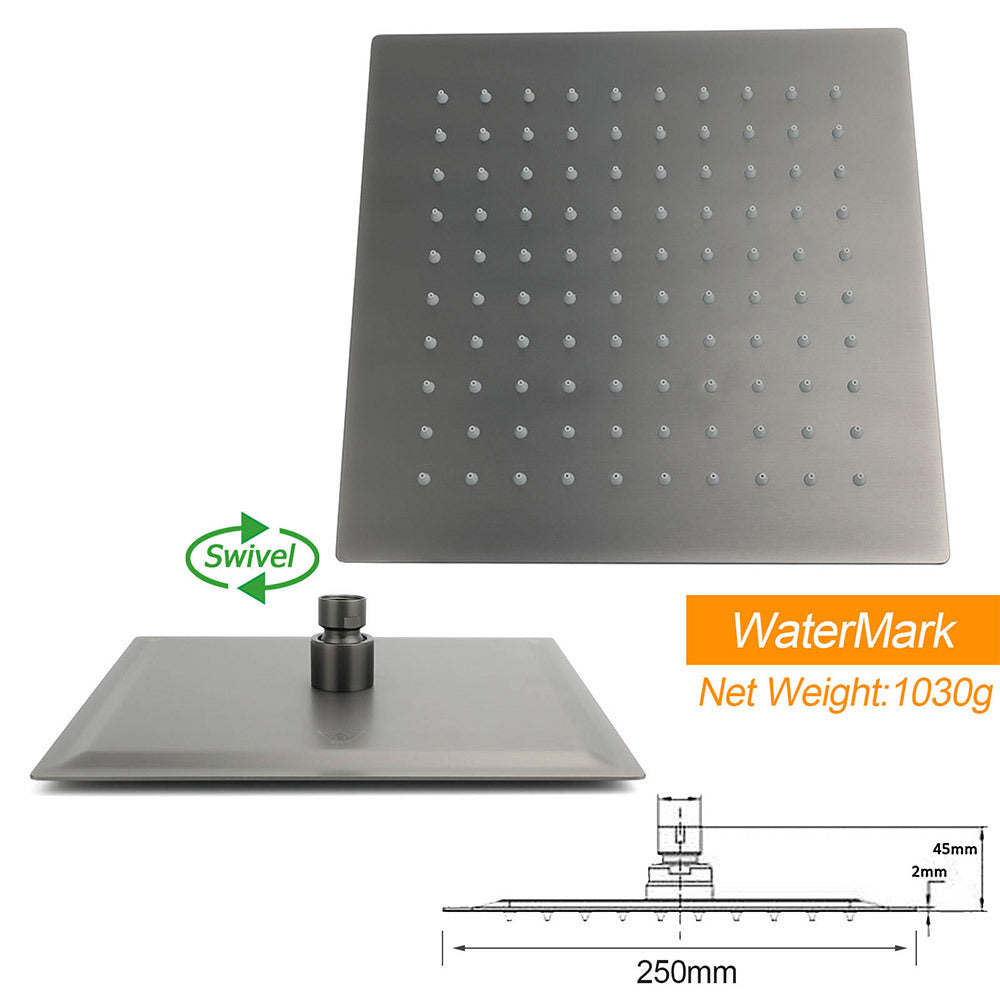 WELS Gun Metal Double Square Shower Head Set 10" Rain Handheld Sliding Rail Diverter Wall Mixer