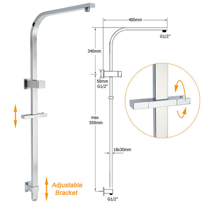 WELS 2IN1 Square Shower Head Set 10" Rain Handheld Sliding Rail Arm Inbuilt Diverter
