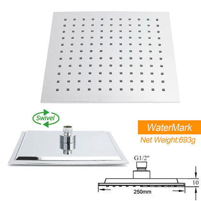 WELS 2IN1 Square Shower Head Set 10" Rain Handheld Sliding Rail Arm Inbuilt Diverter