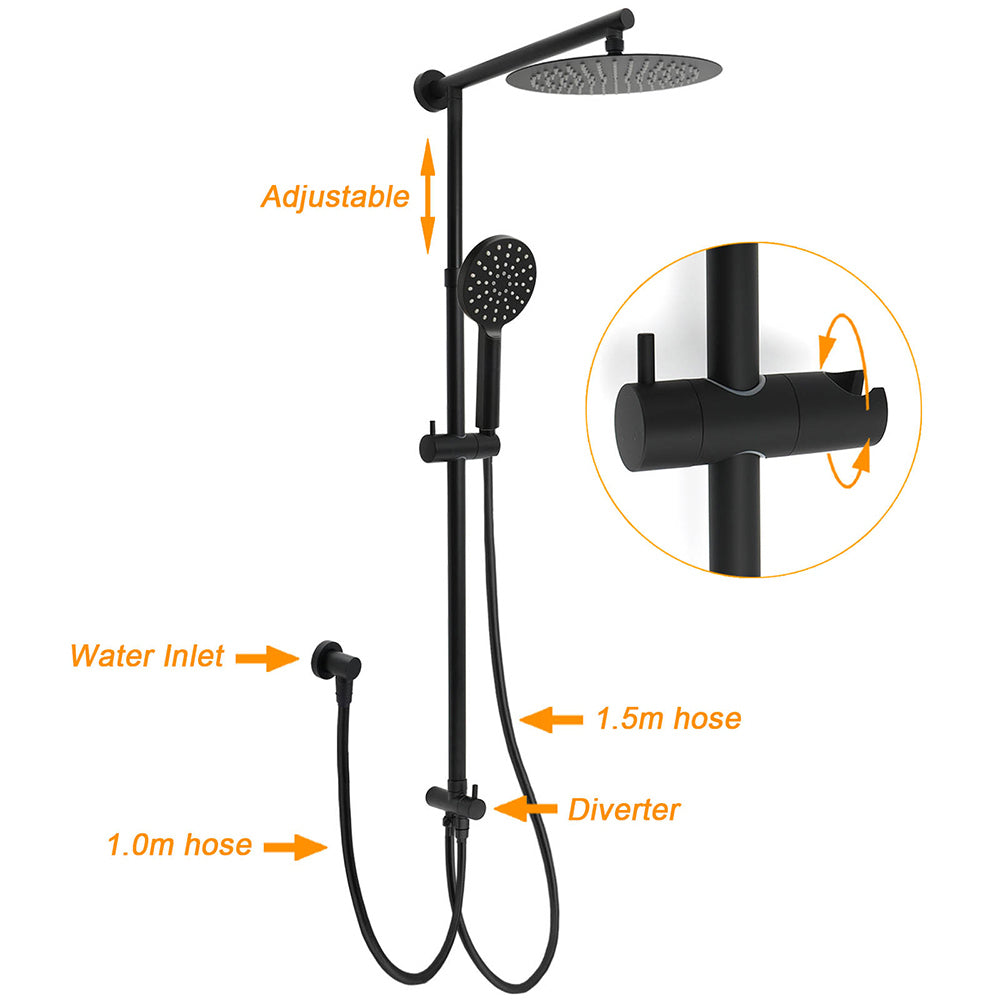 Matt Black Dual Round Shower Set 10" Rain Head 3 Mode Handheld Sliding Rail Arm Diverter