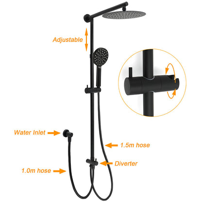 Matt Black Dual Round Shower Set 10" Rain Head 3 Mode Handheld Sliding Rail Arm Diverter
