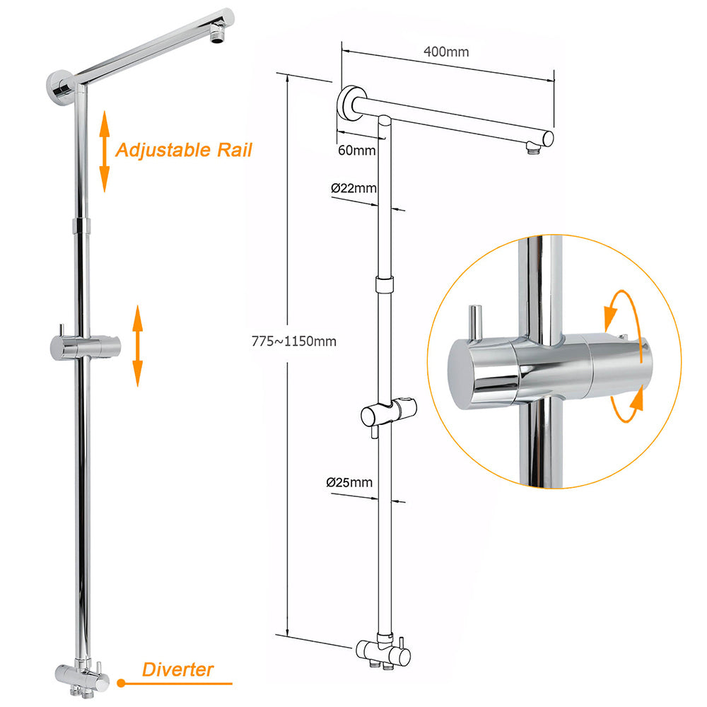 WELS Chrome Round Large 12" Rain Shower Head 3 Modes Handheld Wall Arm Rail 2in1 Set
