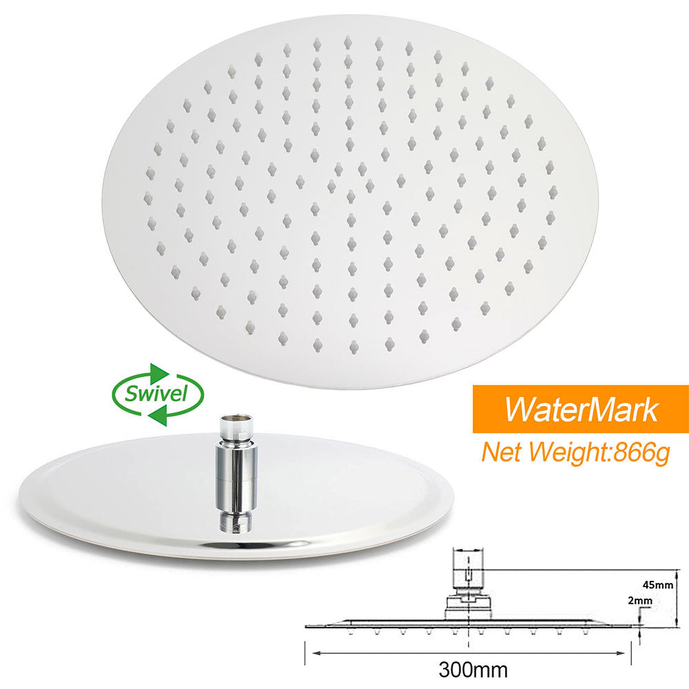 WELS Chrome Round Large 12" Rain Shower Head 3 Modes Handheld Wall Arm Rail 2in1 Set