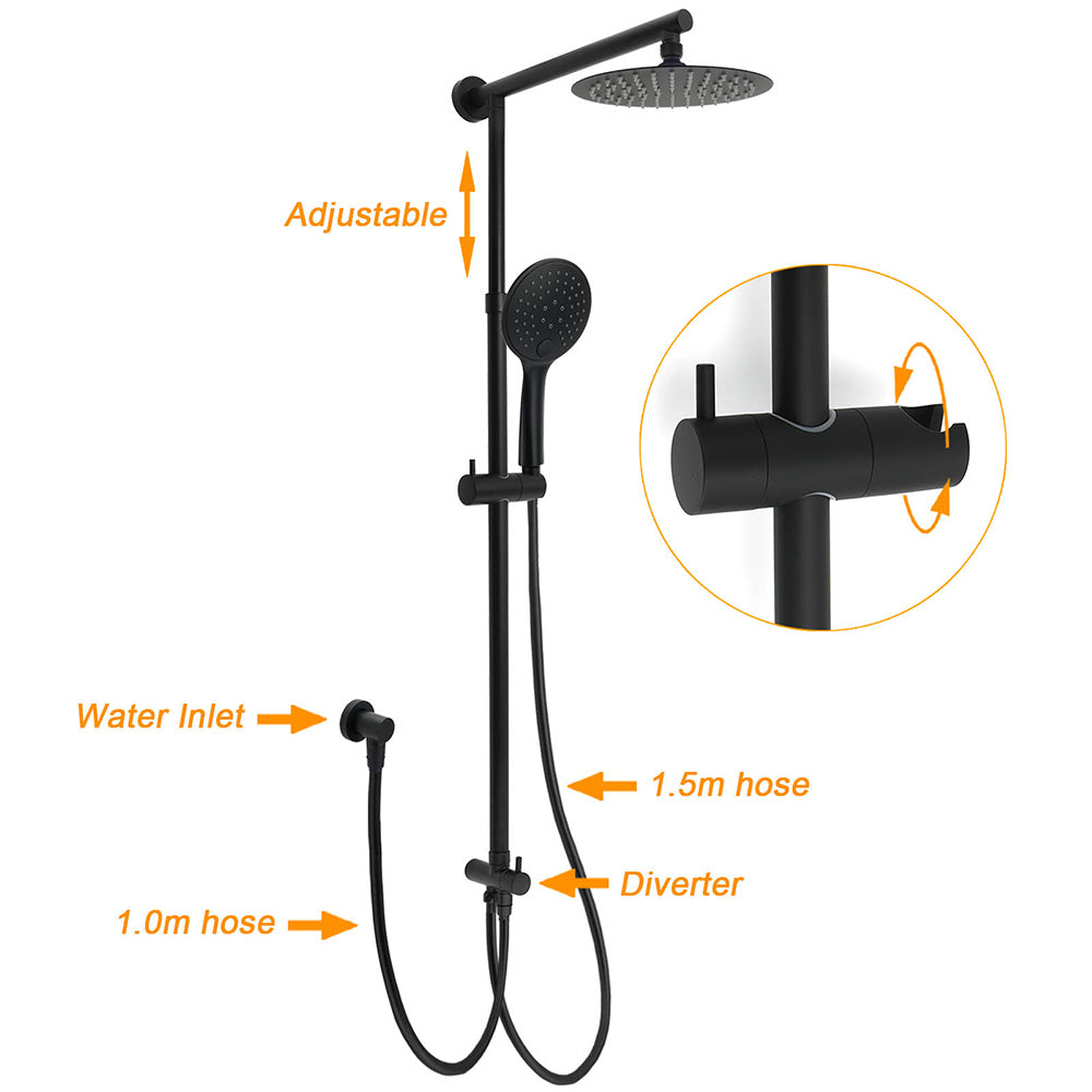 WELS Matt Black Twin Shower 8" Round Head Set Sliding Rail 3 Mode Handheld Rose