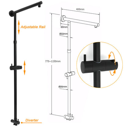 WELS Matt Black 2in1 Set Square 10" Shower Rain Head Handheld Adjustable Silde Rail