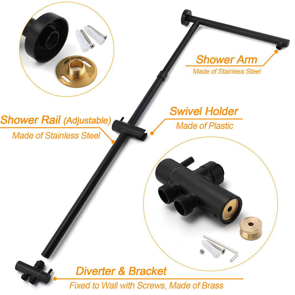 WELS Matt Black 2in1 Set Square 10" Shower Rain Head Handheld Adjustable Silde Rail