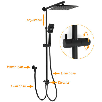 WELS Matt Black 2in1 Square 10" Rain Shower Head 3 Mode Handheld Adjustable Rail Set + Mixer