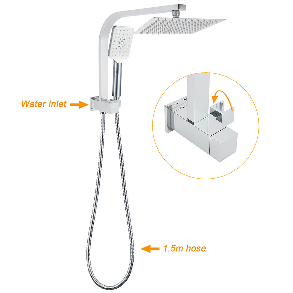 WELS Chrome Square Dual Rain Shower 8" Head 3 Mode Handheld Diverter Wall Arm Twin Taps Set