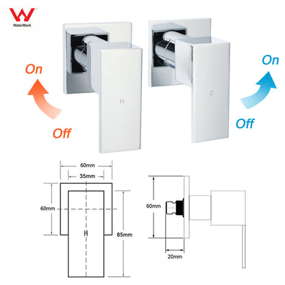 WELS Chrome Square Dual Rain Shower 8" Head 3 Mode Handheld Diverter Wall Arm Twin Taps Set