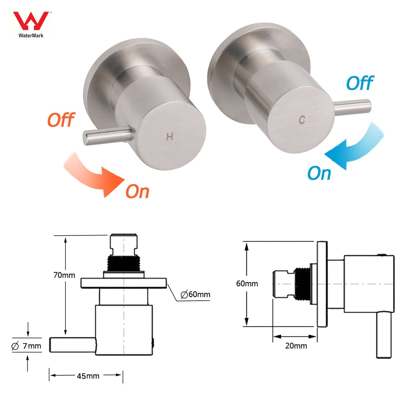 Brushed Nickel Wall Mounted 1/4 Turn Twin Shower Taps Set Hot Cold Water Valve