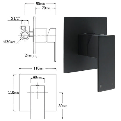 Matt Black Square Shower Mixer Hot Cold Tap Ceramic Cartridge Spindle Watermark